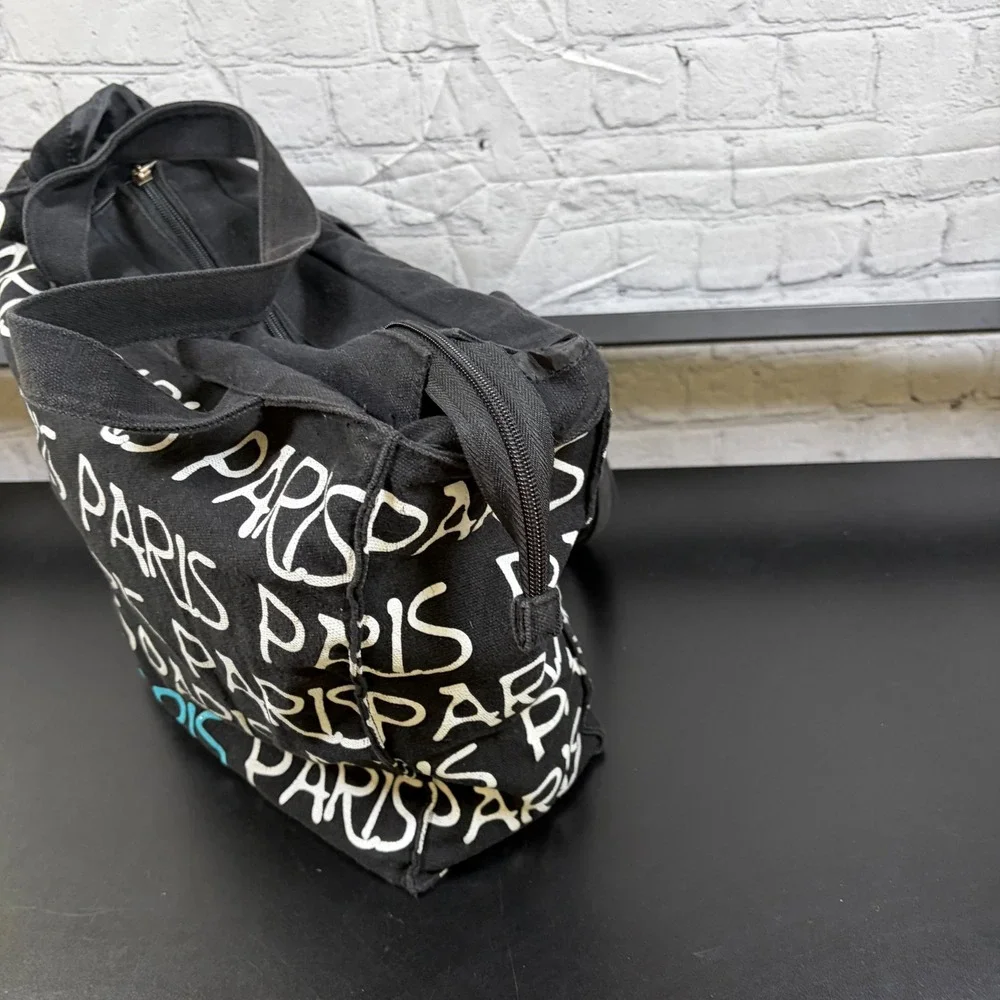 Robin Ruth Paris Canvas Tote Bag Black Script Print Zippered Shoulder Bag Travel